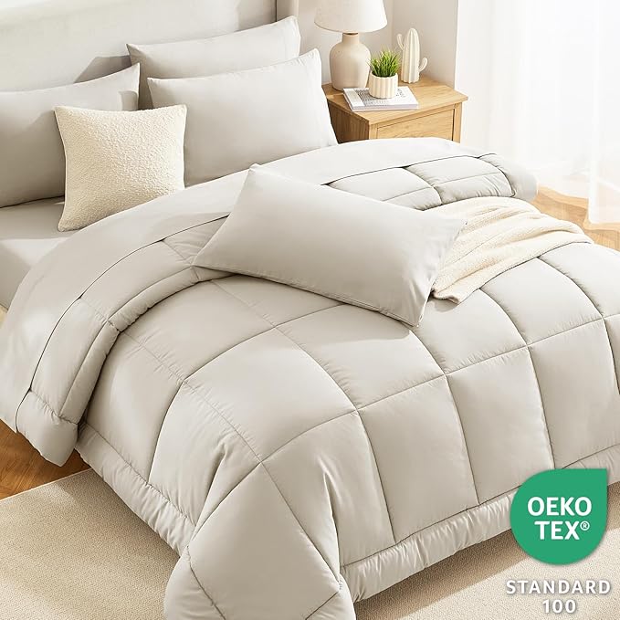 CozyLux King Size Comforter Set Oatmeal, 7 Pieces Bed in a Bag, Oatmeal Comforter King Size, All Season Bedding Sets with Stitch Quilted Comforter, Flat Sheet, Fitted Sheet, Pillowcases