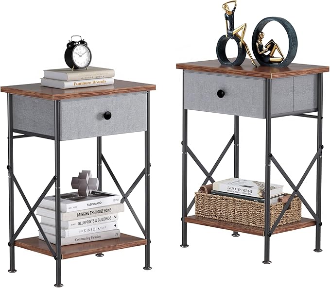 VECELO Nightstand with Drawer, Set of 2, Small Bedside Table with Storage and Adjustable Metal Legs, Wood End Table for Bedroom or Living Room, Perfect for Small Spaces and Modern Décor, Retro Brown