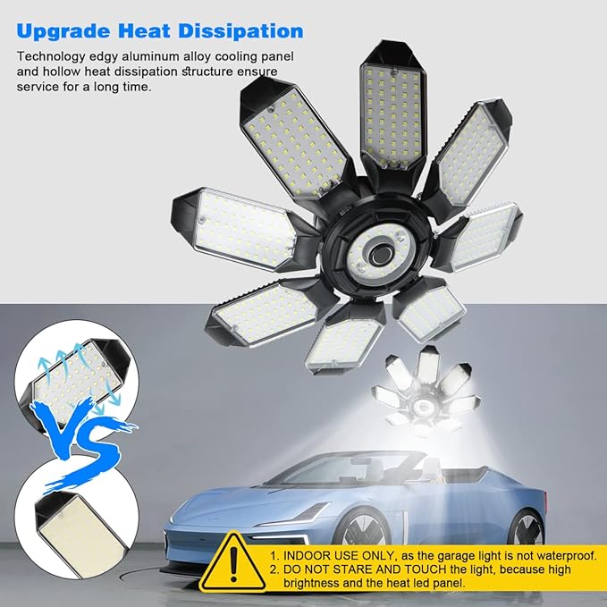 Garage Lighting - 80000LM Super Bright 6500K Garage Lights Ceiling Led w/ 8 Deformable Panels Compatible for E26/E27 Screw in Garage Light Bulb for Shops Barn Basement Attic - 4Pack