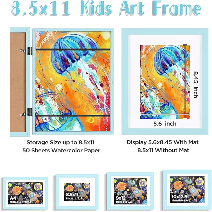 KINLINK 8.5x11 Kids Art Frames Set of 2, Solid Wood Kids Artwork Frames Changeable with Acrylic Front Opening Holds 150 Pictures, Art Frame for Kids Artwork with Mat or without Mat, Light Blue