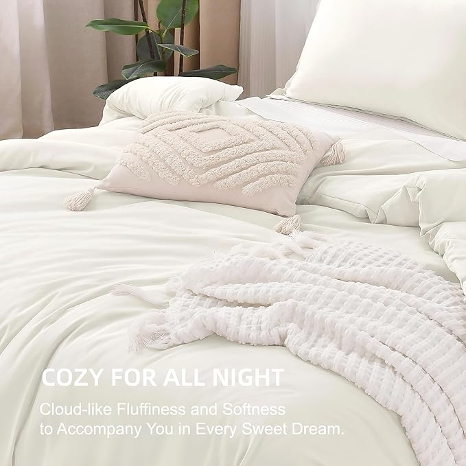 Litanika Ivory Comforter Set Queen Size, 3 Pieces Lightweight Solid Bedding Comforter Set, All Season Fluffy Bed Set (90x90In Comforter & 2 Pillowcases)