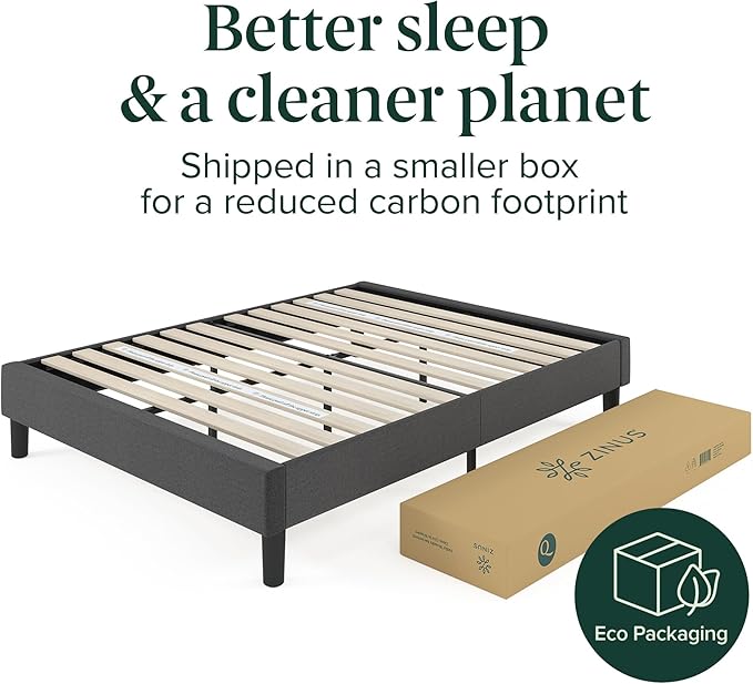 ZINUS Curtis Upholstered Platform Bed Frame, Mattress Foundation, Wood Slat Support, No Box Spring Needed, Eco Friendly WonderBox (TM) Packaging, Dark Grey, Full