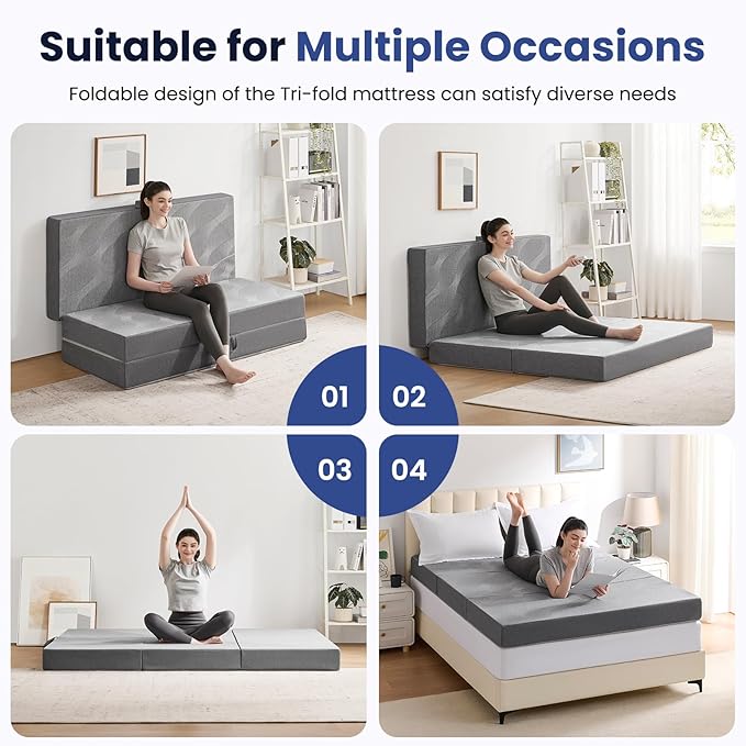Foldable Mattress Cot 6 inch -Portable Grey Memory Foam Folding Matress with Washable Cover for Camping Travel Guest Room Home Use-Non-Slip&Easy Storage