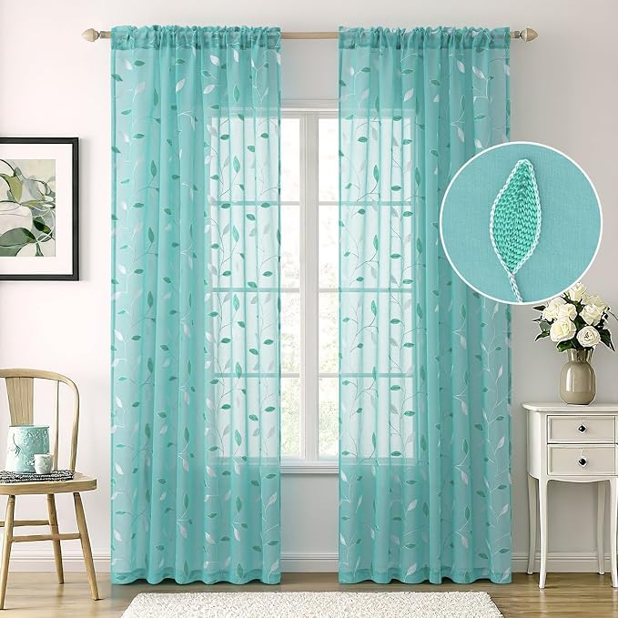 MIULEE Turquoise Sheer Curtains 2 Panels Leaf Patterned, W52 x L84 | - Image 2