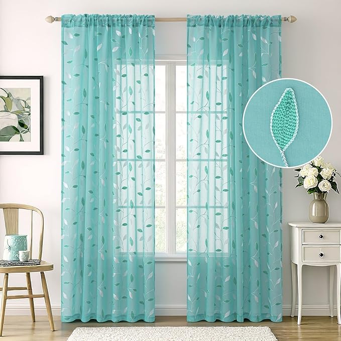 MIULEE Turquoise Sheer Curtains 2 Panels Leaf Patterned, W52 x L63 | - Image 2