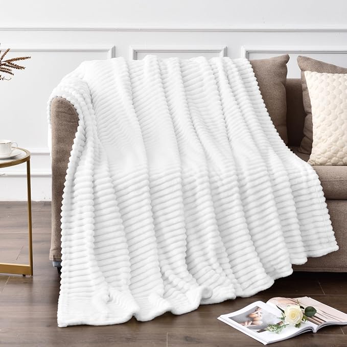 BEDELITE Ribbed Jacquard White Fleece Throw Blanket by BEDELITE