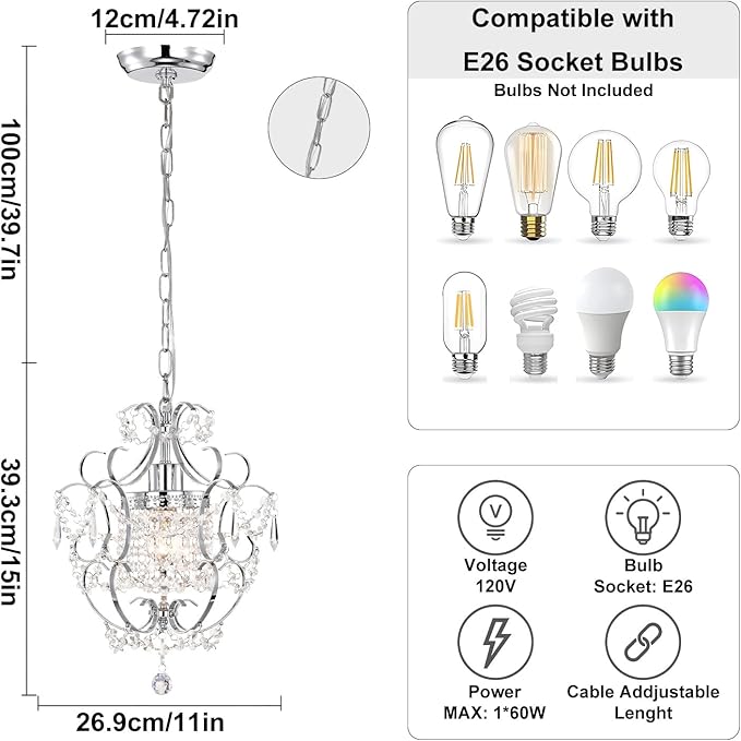 Small Chandelier for Bedroom, 90% Pre-Assembled Chrome Chandelier, Mini Acrylic Crystal Chandelier, 1 Light Pendant Light Fixtures for Bedroom,Closet, Bathroom,Entryway,Foyer, Living Room