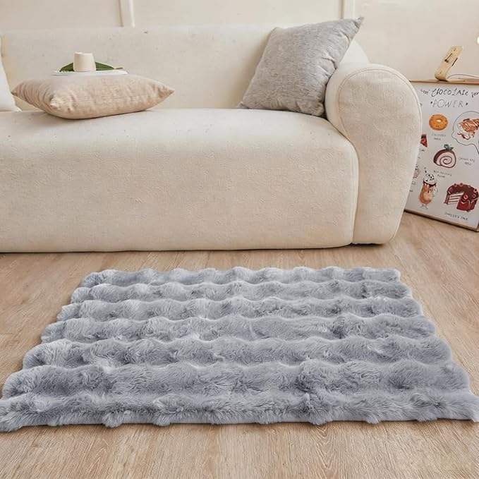 Blue Grey Rabbit Plush Rug 2'x3', Fluffy Shaggy Area Rug - Image 2