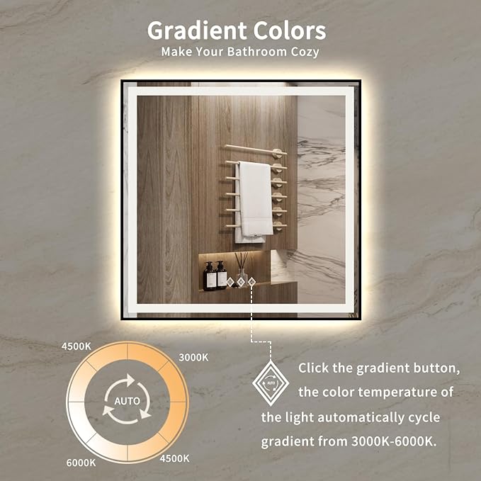 LED Mirror for Bathroom, 36x36 Inch Black Framed Gradient Front and Backlit LED Vanity Mirror, 3 Colors Dimmable CRI>90, IP54 Enhanced Anti-Fog Wall Mounted Lighted Bathroom Mirror