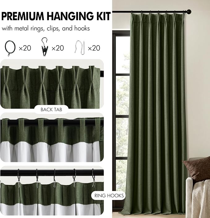 MIULEE Olive Green Pinch Pleated 100% Blackout Linen Curtains 40x84 Inches | - Image 8