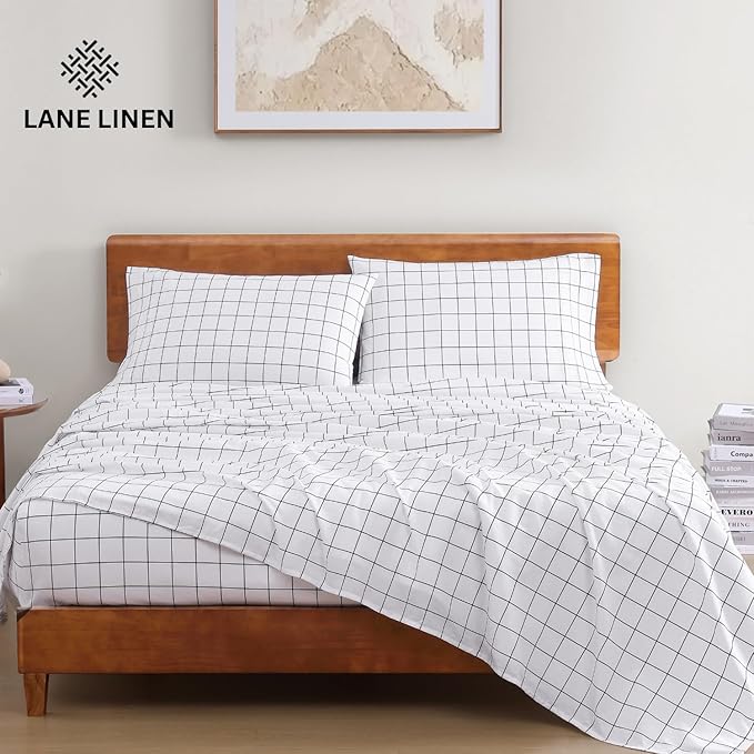 LANE LINEN 100% Organic Cotton Full Size Bed Sheets, Eco Friendly Fully Elasticized Okeo Tex Certified Printed Cotton Sheets Full, Percale Weave Soft & Comfy Comes in Variety of Prints - Windowpane