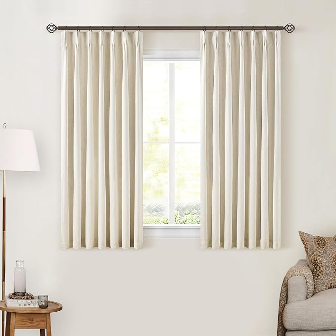 Cream Beige Pleated Black Out Linen 45 Inch Curtains - Image 8