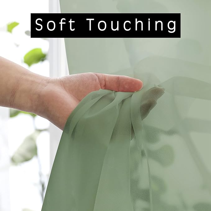 Sheer Curtains, Sage Green Sheer Curtains 63 inch Length 2 Panels Set, Rod - Image 3
