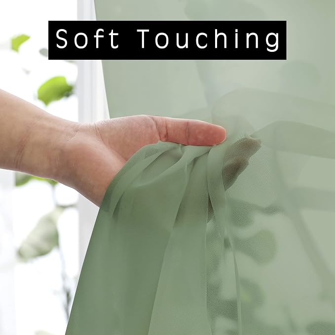 Sage Sheer Kitchen Valance for Windows Set of 2, Short Modern Rod Pocket Voile - Image 2