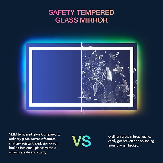 LOAAO 60”X40“ RGB LED Bathroom Mirror with Lights, Large, Anti-Fog, Dimmable Smart Lighted Bathroom Vanity Mirror, Multiple Light Modes, RGB Backlit + Front Light, Memory Function, Tempered Glass