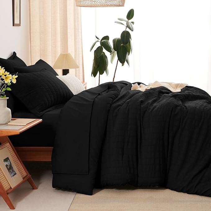 CozyLux Oversized King Comforter Set Black Seersucker 7 Pieces 120x98 Bed in a Bag Comforter Set with Sheets, Luxury Soft Bedding Sets with Down Alternative Comforter, Sheets, Pillowcases & Shams