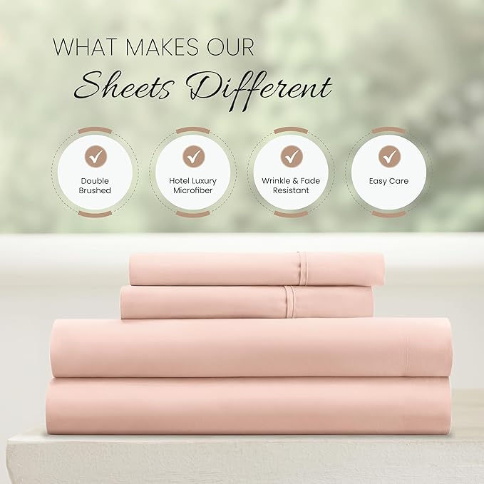 Linen Market Double-Brushed Microfiber Full Sheet Set 4 Piece – Oeko-TEX Certified Ultra Soft & Wrinkle-Free - 16" Deep Pocket Sheets - Easy Care Full Size - Blush