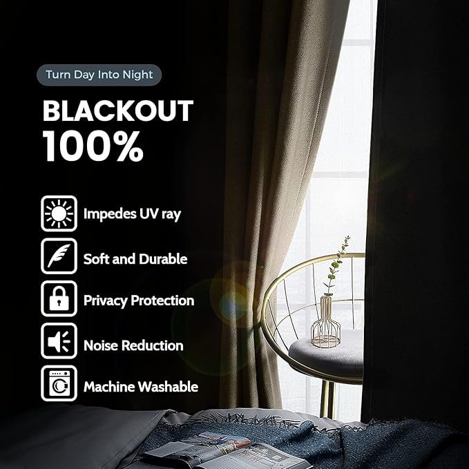 SimpleHome Beige 100% Blackout Curtains Room Darkening Living Room 63 Inch | - Image 3