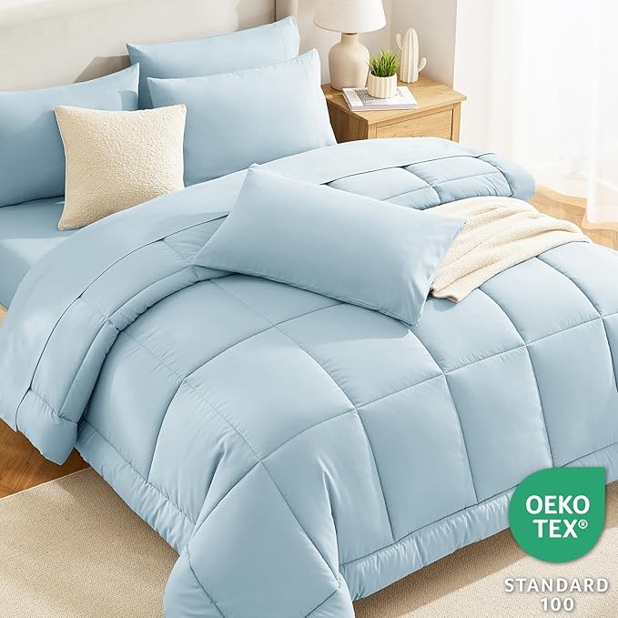CozyLux Full Size Comforter Sets Light Blue, 7 Pieces Bed in a Bag, Blue Comforter Full Size, All Season Bedding Sets with Stitch Quilted Comforter, Flat Sheet, Fitted Sheet, Pillowcases