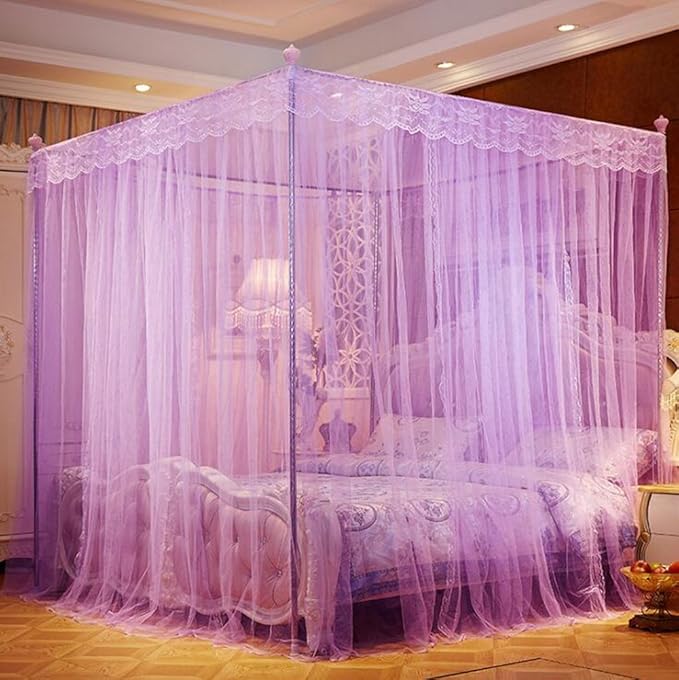 4 Corners Princess Bed Curtain Canopy Canopies for Girls Boys Adults Bed Gift (Queen, Purple)