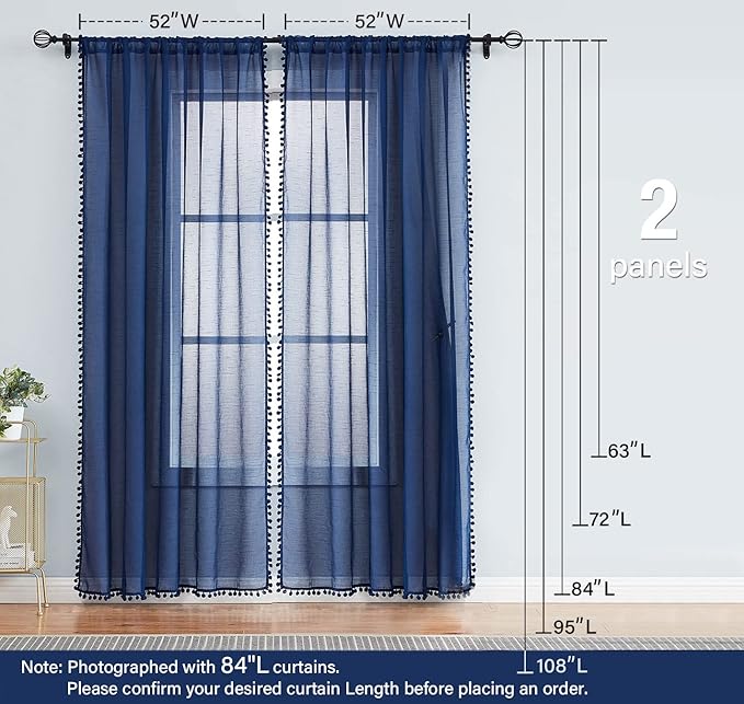 Treatmentex Sheer Blue Curtains for Bedroom Window 95 inches Long Linen Textured Pom-Pom Voile Drapers for Kids Bed Canopy Navy Rod Pocket 2Pack