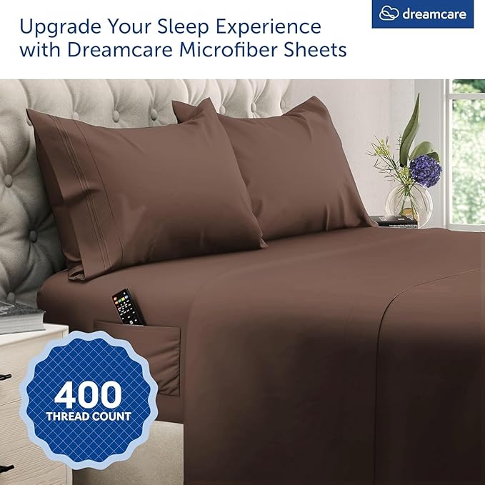 DREAMCARE King Size Sheets Set – 4 pcs Cooling Sheets – up to 21” Deep Pocket King Sheet Set – Hotel Luxury Sheets & Pillowcases – Superior Softness 100% Microfiber with Side Pocket - Mocha Brown