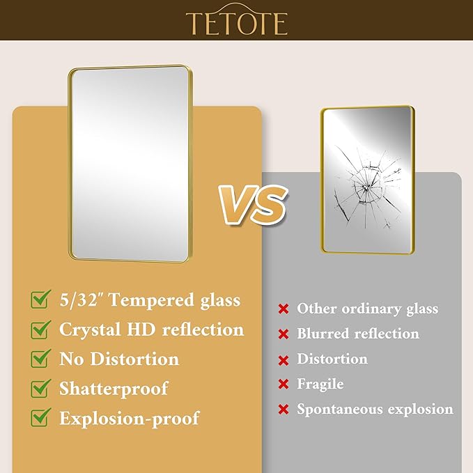 TETOTE 55 x 36 Gold Bathroom Mirror Brushed Gold Metal Framed Vanity Mirror, Tempered Glass, Wall Mounted for Bathroom, Entryway, Bedroom, Living Room(Horizontal/Vertical)