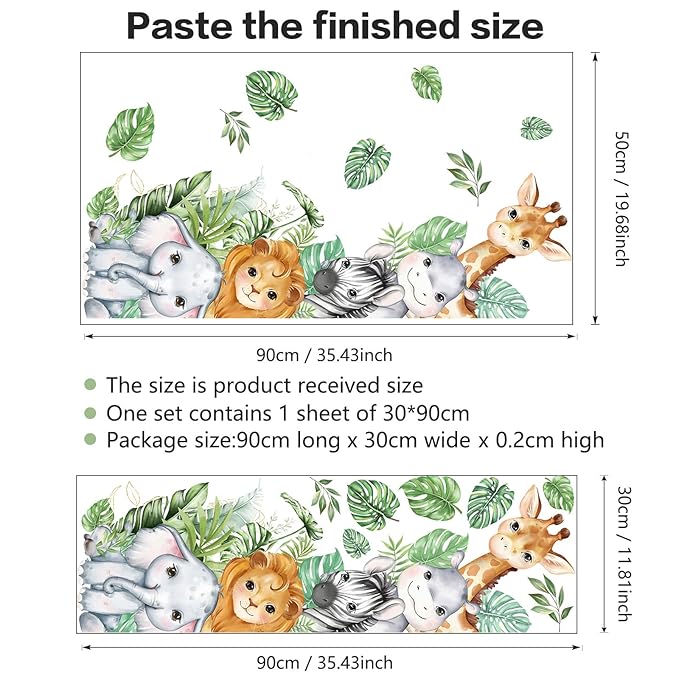 Watercolor Jungle Animal Wall Decals, SUNOYAR Forest Animal Wall Stickers for Kids Boys, DIY Elephant Lion Giraffe Zebra Cow Animals Mural Decor for Bedroom Bathroom Wall Door Game Rooms Daycare