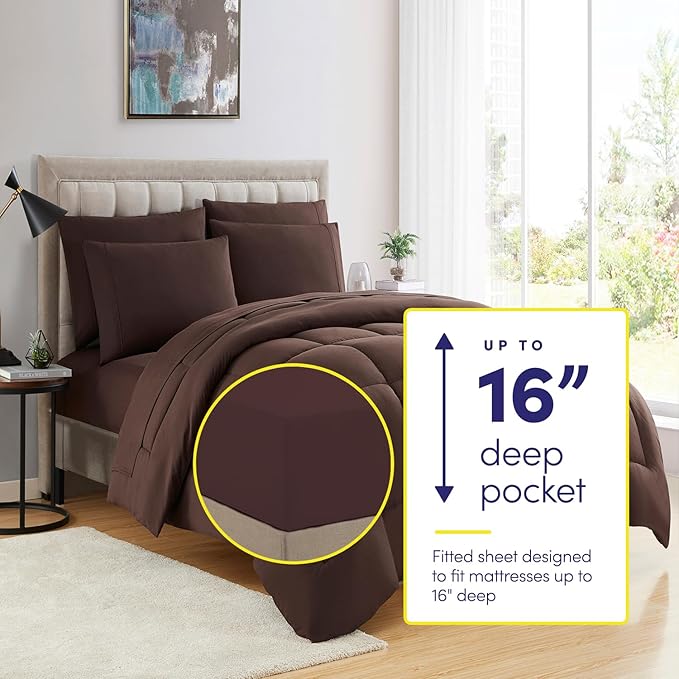 Sweet Home Collection 7 Piece Comforter Set Bag Solid Color All Season Soft Down Alternative Blanket & Luxurious Microfiber Bed Sheets, Brown, Queen