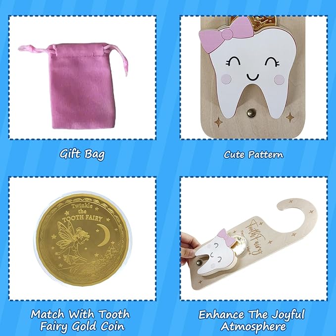 Tooth Fairy Door Hanger, Wooden Tooth Fairy Money Holder with Tooth Coins for Lost Tooth Kids Gifts (Pink)