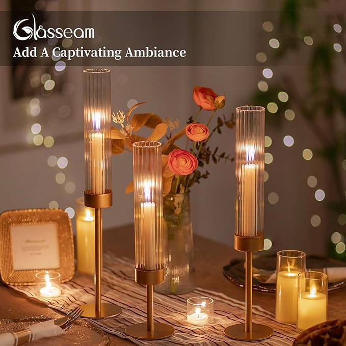 Glasseam Tapered Gold Candlestick Holders: 6 Pcs Tall Brass Taper Candle Holder with Ribbed Glass Cylinder - Hurricane Fluted Candle Holders for Table Centerpiece Wedding Party Christmas Decorations
