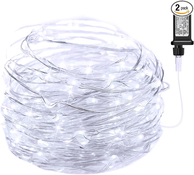 Minetom 2Pack Fairy Lights Plug in, 100 LEDs 33 Feet Firefly String Lights Waterproof Starry Lights Silver Wire for DIY Wreath Wedding Bedroom Indoor Outdoor Party Christmas Decorations, Pure White