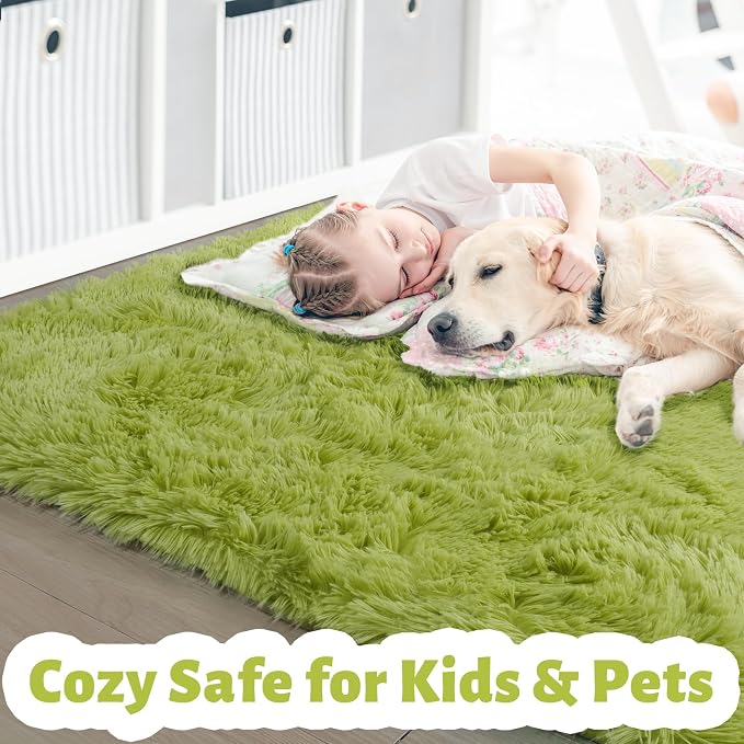 Amdrebio Grass Green Furry Area Rug 5x8 - Image 2