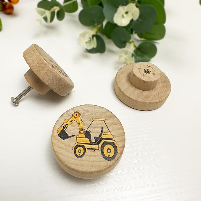Set of 8 Wooden Construction Vehicle Digger Vehicle Theme Boys Bedroom Furniture Cabinet Dresser Drawer Knobs and Pulls 1.8 X 1.8 Inches