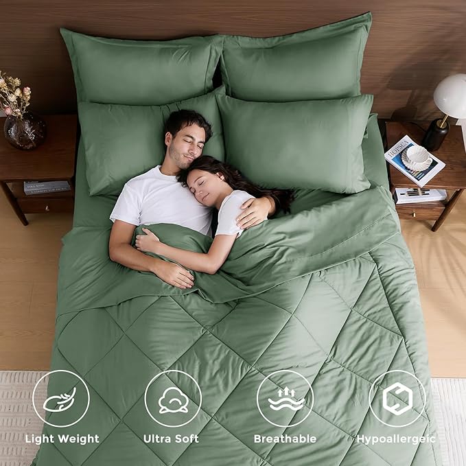 HEVUMYI Sage Green Twin-XL Comforter Set - 5-Piece All Season Bed in a Bag Twin-XL, Ultra Soft Bedding Set with Comforter, Flat Sheet, Fitted Sheet, Pillowcases, Pillow Shams, Sage Green
