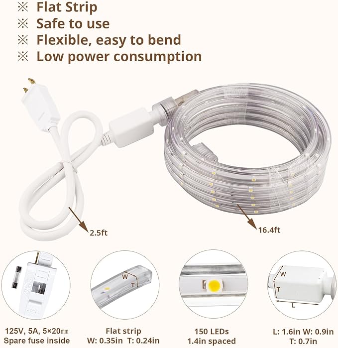 LED Rope Lights, 16.4 Feet Daylight Flat Flexible Strip Light, Plug in Novelty Lighting, Connectable and Waterproof for Home Christmas Holiday Garden Patio Party Decoration