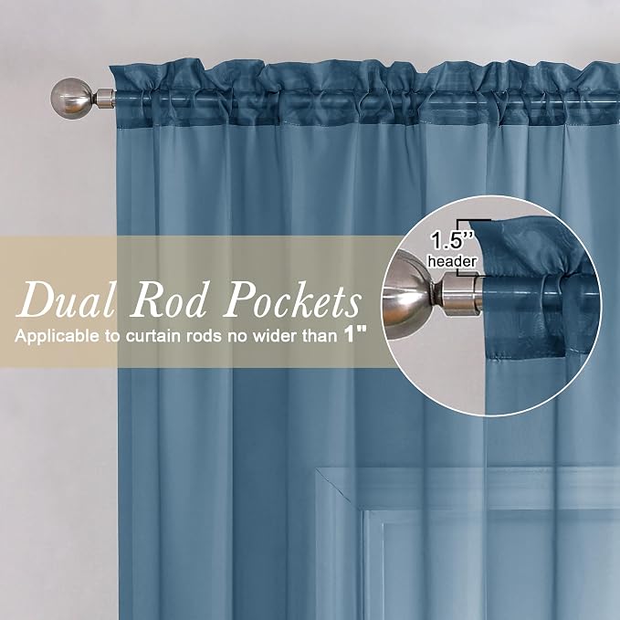 Dusty Blue Sheer Curtains 84 Inches Long 2 Panels, Light Filtering Voile - Image 2