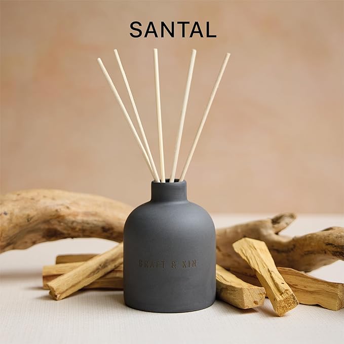 Craft & Kin Christmas Reed Diffuser for Home & Bathroom – Santal Woods Holiday Reed Diffuser Set with Fragrance Sticks, Long-Lasting Alcohol-Free Winter Scent, Earthenware Collection, 6.7oz