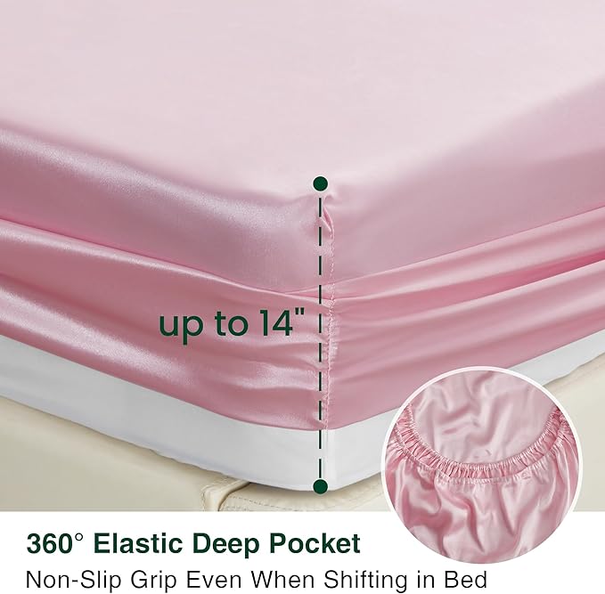 Love's cabin Full Size Satin Sheet Sets - 4 Piece Pink Silky Sheet Set Full with Deep Pocket, Luxury Silk Feel Bed Sheets Full Bedding Set (1 Flat Sheet,1 Fitted Sheet,2 Pillow Cases)