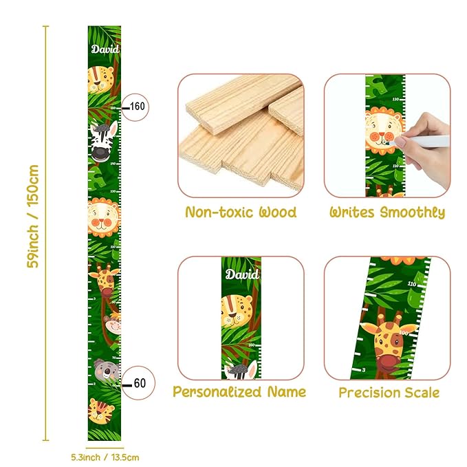 Personalized Growth Chart for Wall, Wooden Height Chart for Kids, Cute Height Measurement for Child/Girls/Boys, Baby and Toddler's Playroom/Kid's Room/Nursery Decor, Animals