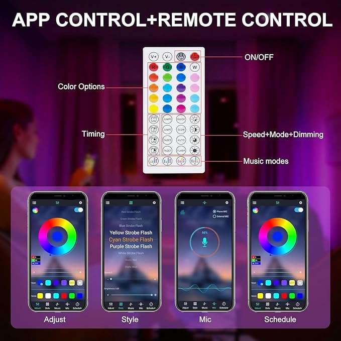 LED Lights for Bedroom, 65ft Smart RGB Music Sync Bluetooth App & Remote Control, USB-Powered LED Strip Lights, Gaming, Bedroom, PC, Home Theater,Parlor,Room