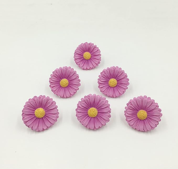 Daisy Vintage Resin Hand Painted Drawer Pulls Cabinet Knobs Handles Country Kitchen Home Decoration Purple (Pack of 6)