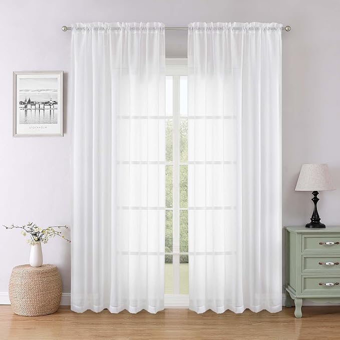 White Sheer Curtains 84 Inches Long 2 Panels, Solid Airy Voile Extra Wide by Lecloud