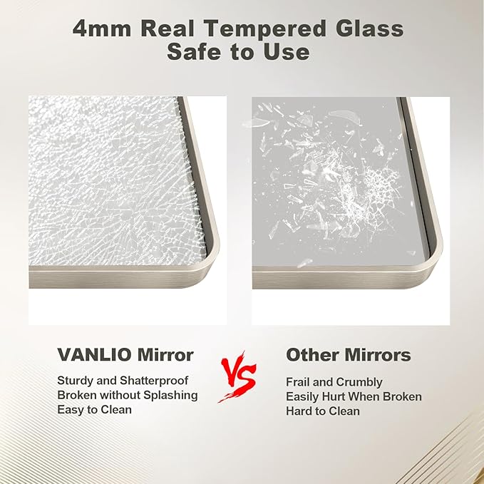 40x30 Inch Brushed Nickel Bathroom Mirror, Brushed Silver Metal Framed Wall Mirror, Rounded Corner Rectangle Modern Vanity Mirror, Tempered Glass, Anti-Rust, Shatterproof (Horizontal/Vertical)