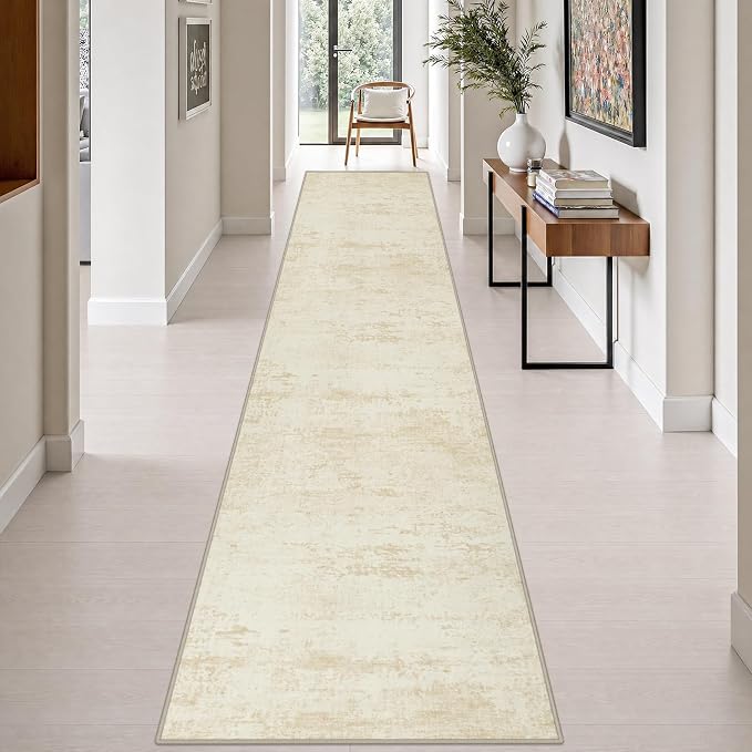 2.6x14 Washable Runner Rug:Modern Abstract Indoor Soft Carpet Beige | by FXRHLP