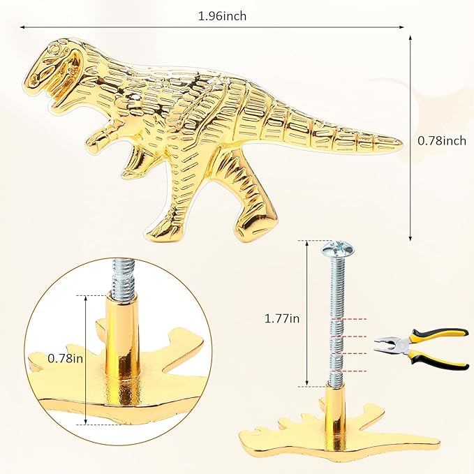 8 Pack Metal Dinosaur Knobs for Kids Furniture - T-Rex Themed Gold Finish Drawer Pulls & Cabinet Handles, Scratch-Resistant (Tyrannosaurus)