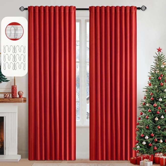 MIULEE Christmas Red Back Tab Blackout Curtains 52x90 Inch Long 2 Panels | Rod by MIULEE