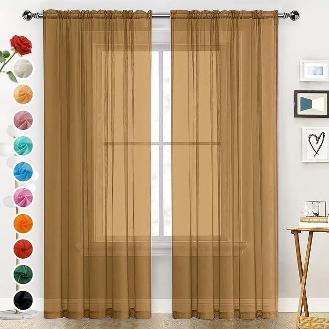 SpaceDresser Basic Rod Pocket Sheer Voile Window Curtain Panels Light Brown 1 by SpaceDresser