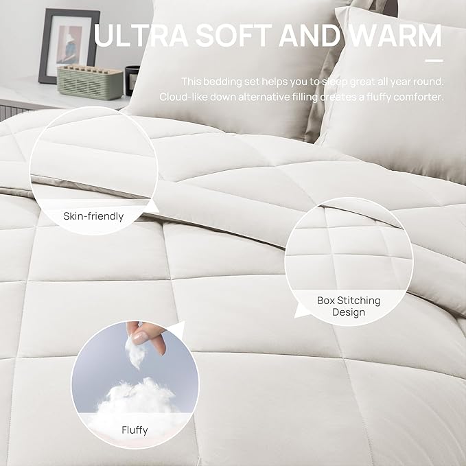 Love's cabin Full Comforter Set Off White, 7 Pieces Full Bed in a Bag, All Season Bedding Sets with 1 Comforter, 1 Flat Sheet, 1 Fitted Sheet, 2 Pillowcase and 2 Pillow Sham