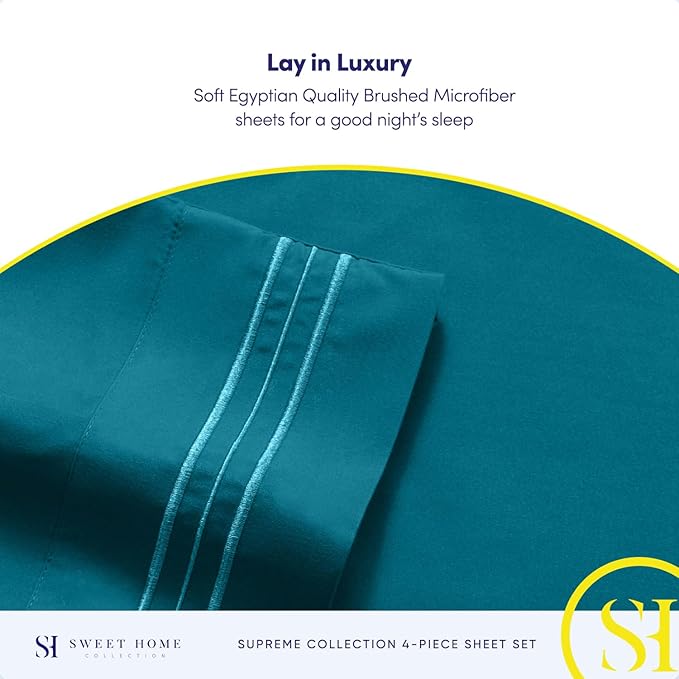 1800 Supreme Collection - Breathable Luxury Full Size Sheet Set with Full Elastic & Secure Corner Straps Built In, Extra Soft Deep Pocket Bedding Set, Teal